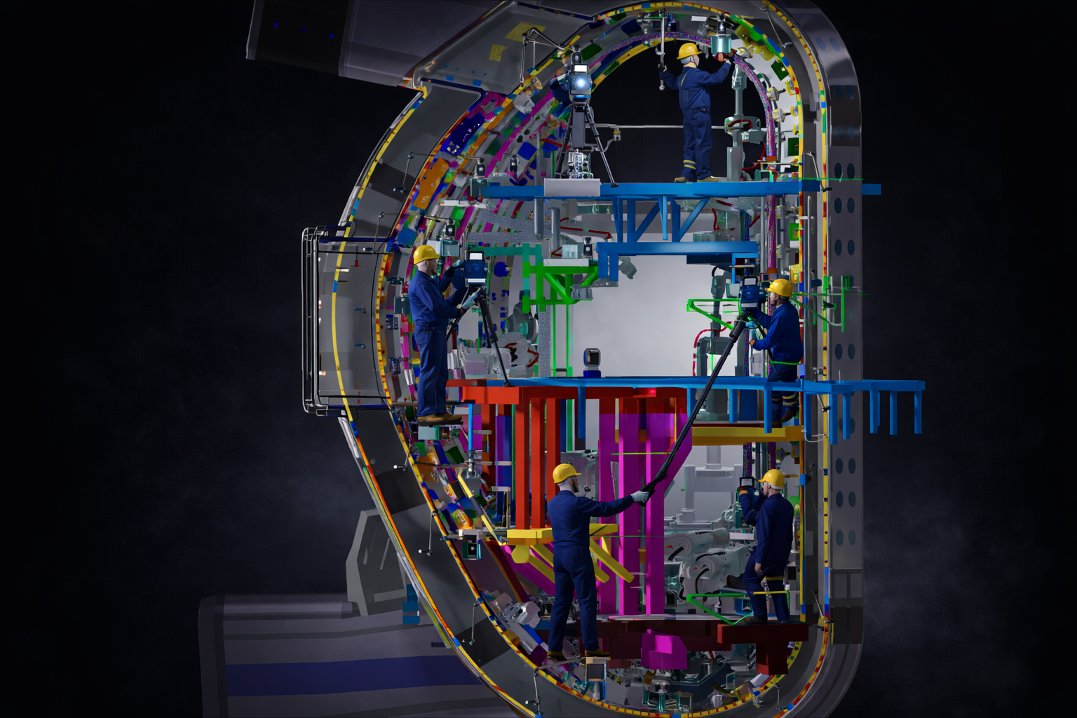 Assemblage d'un secteur du Vacuum Vessel ITER — environnement d'intervention avec opérateurs, robots de soudage et scan 3D