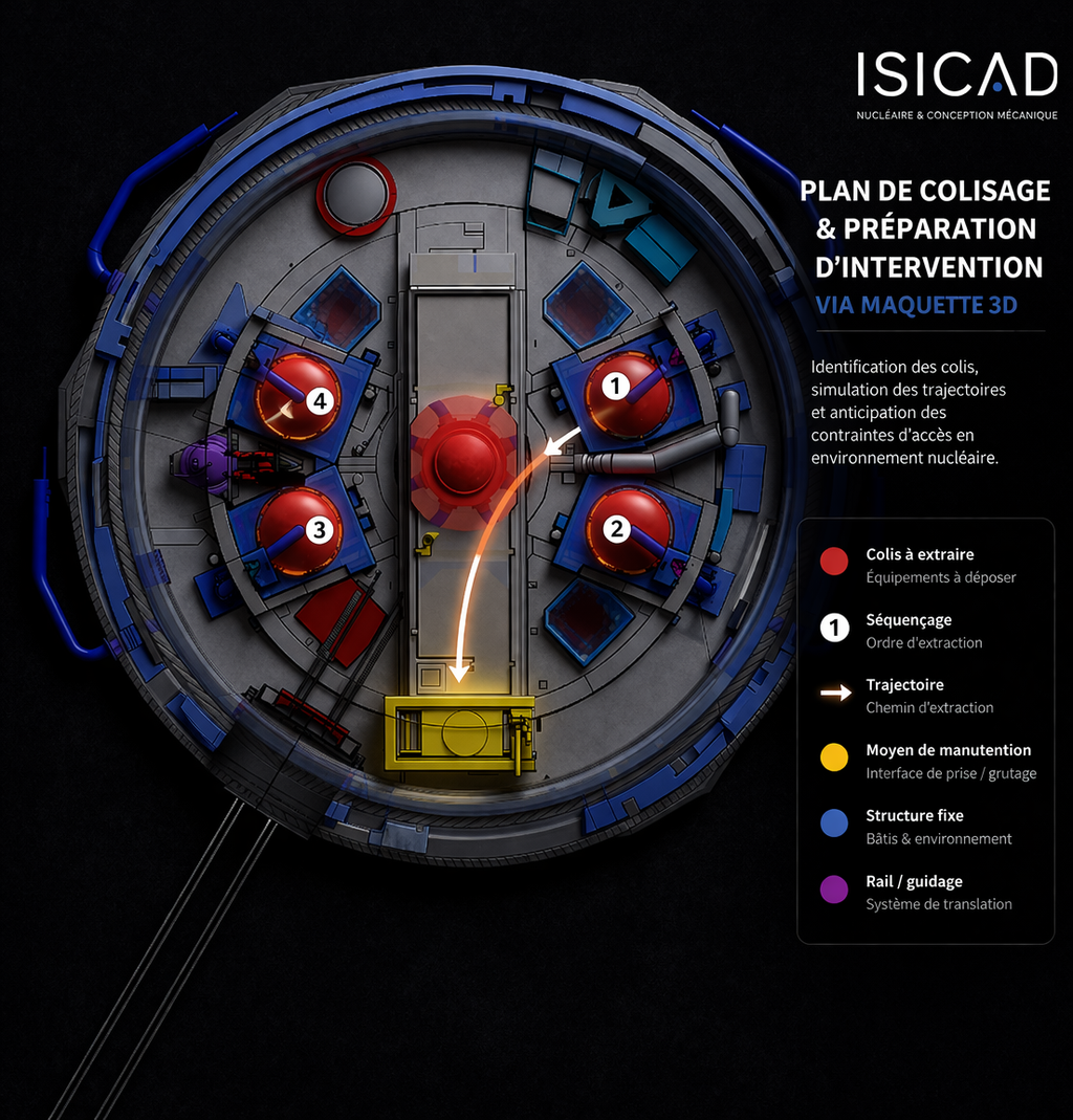 Plan de colisage et préparation d'intervention via maquette 3D — identification des colis, simulation de trajectoires et anticipation des contraintes d'accès en environnement nucléaire